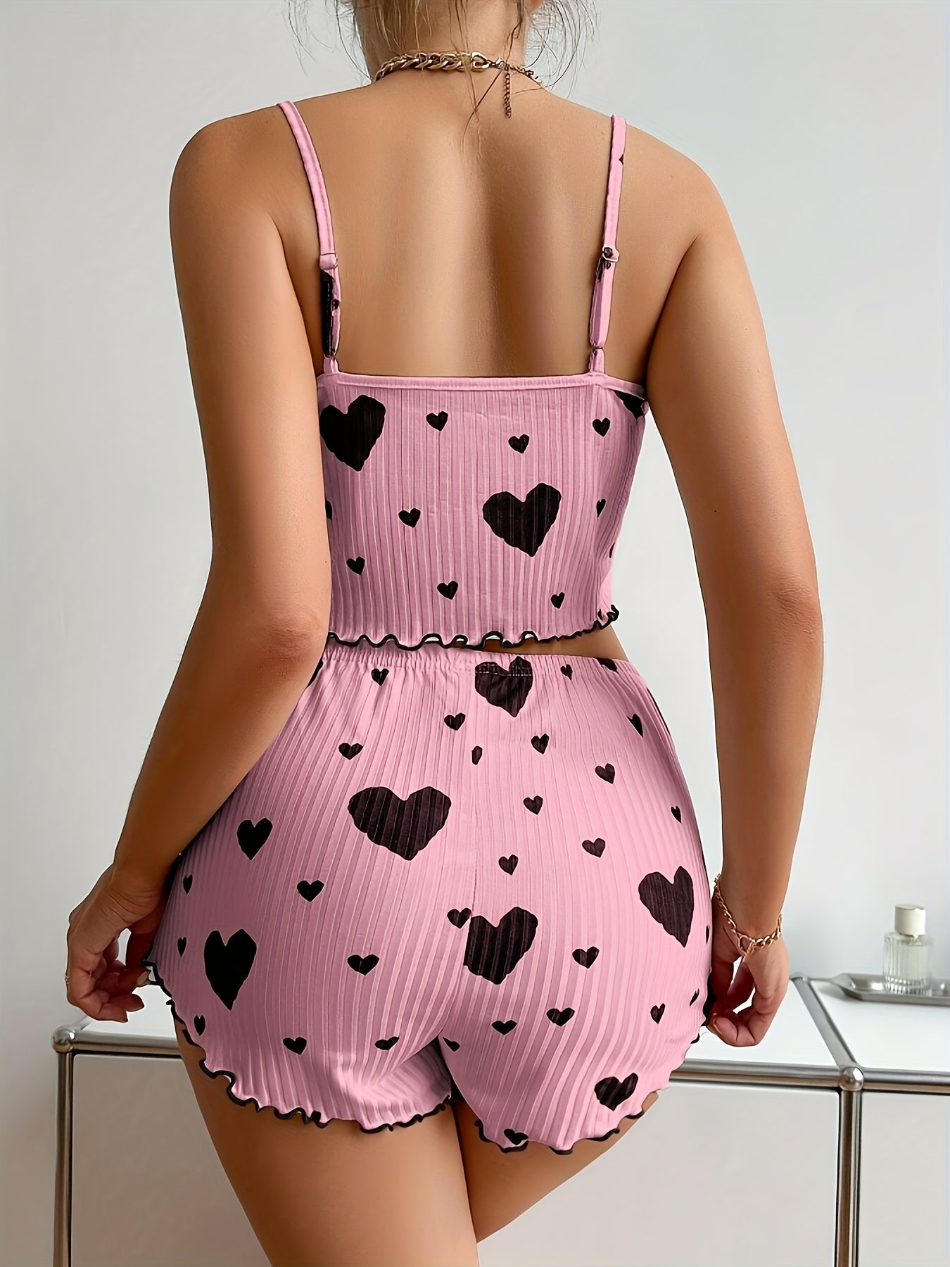 Elegant Women's Heart Print Pajama Set with Bow Detail - Comfy Polyester & Elastane Blend, Machine Washable - For Women - Perfect for Lounging & Sleep - Ideal Gift for Her